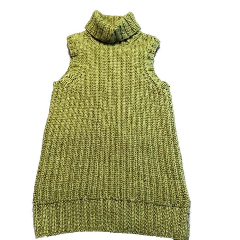 100% Cashmere Ribbed Luxury Turtleneck Sleeveless Chunky Sweater Vest Green Sz M
